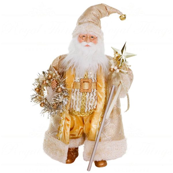As 25205 Goodwill Christmas Dolls Fabric Santa With Wreath Staff Tabletop Gold Cream White