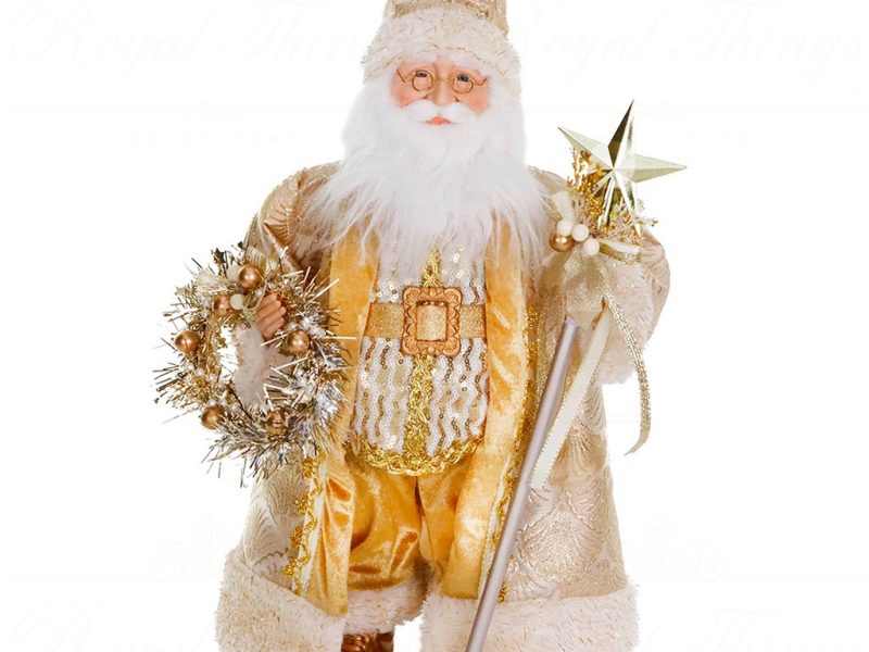As 25205 Goodwill Christmas Dolls Fabric Santa With Wreath Staff Tabletop Gold Cream White