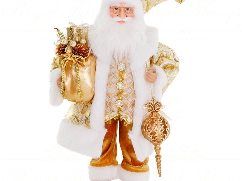 As 25215 Goodwill Christmas Dolls Fabric Santa With Gift Bag Finial Tabletop Gold White