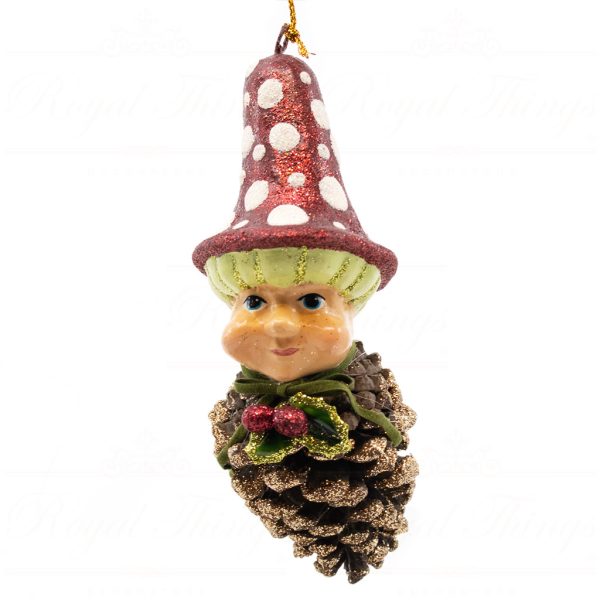 B 10337 Goodwill Christmas Ornaments Mushroom Pinecone Man Ornament Gold Green Red