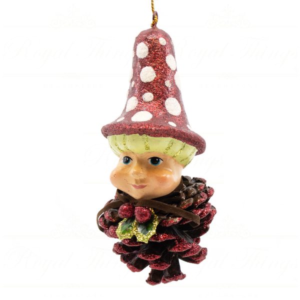 B 10337 Goodwill Christmas Ornaments Mushroom Pinecone Man Ornament Gold Green Red Detail2