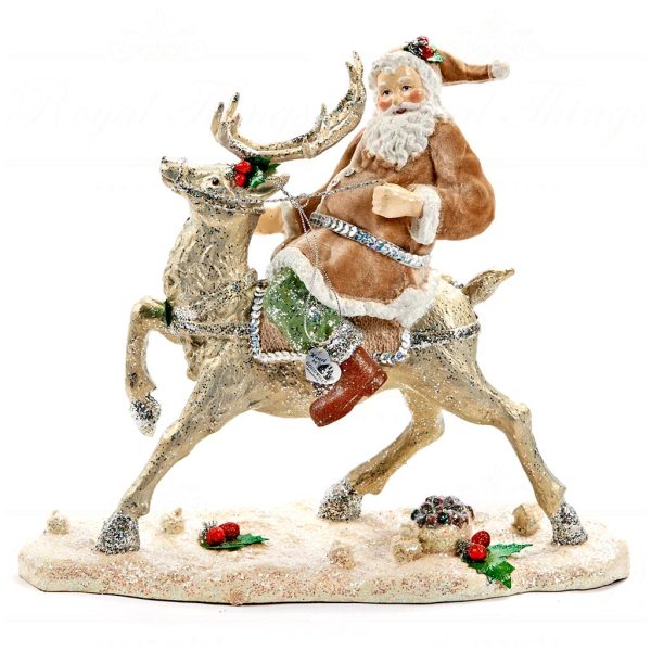 B 30022 Goodwill Christmas Decorative Items Green Forest Santa On Reindeer Tabletop Brown Green Cream