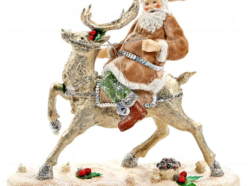 B 30022 Goodwill Christmas Decorative Items Green Forest Santa On Reindeer Tabletop Brown Green Cream