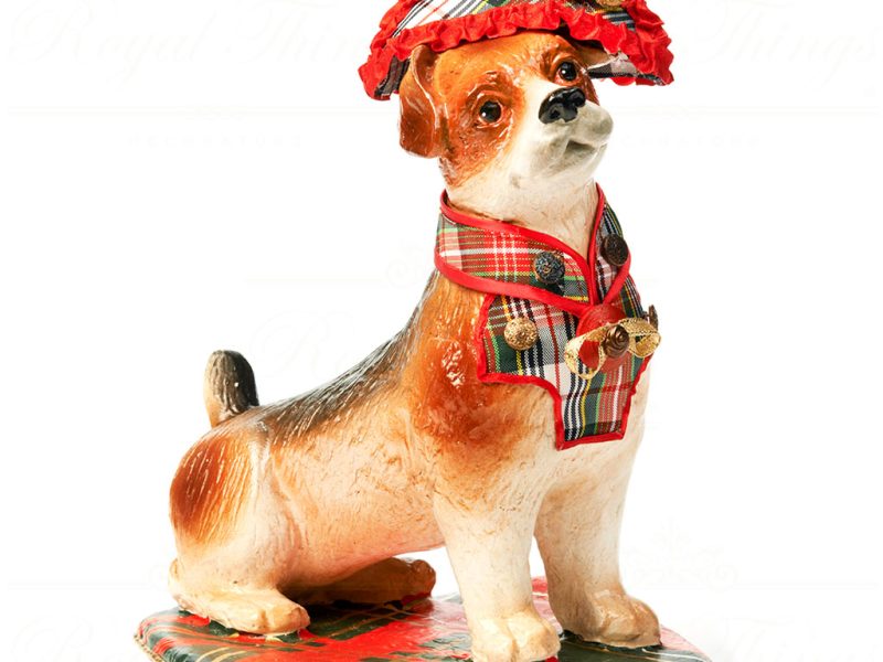 B 30161 Goodwill Christmas Decorative Items British Tartan Dog On Pillow Tabletop Brown Green Red