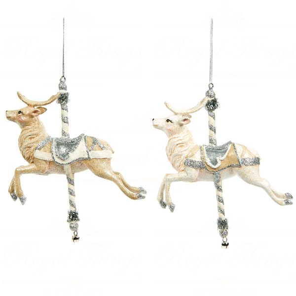 B 30313 Goodwill Christmas Ornaments Winter Carousel Reindeer Ornament Cream White
