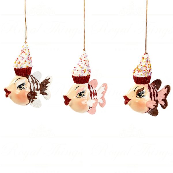 B 30430 Goodwill Christmas Ornaments Dairy Queen Chocolate Cupcake Fish Ornament Brown Pink White