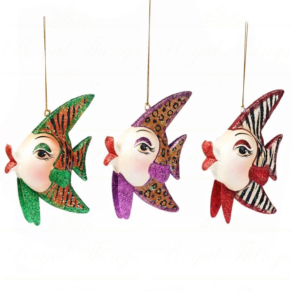 B 30581 Goodwill Christmas Ornaments Safari Angle Fish Ornament Green Purple Red