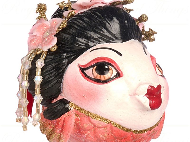 B 86050 Goodwill Christmas Ornaments Pagoda Geisha Puffer Fish Ornament Red Black Vari Pink