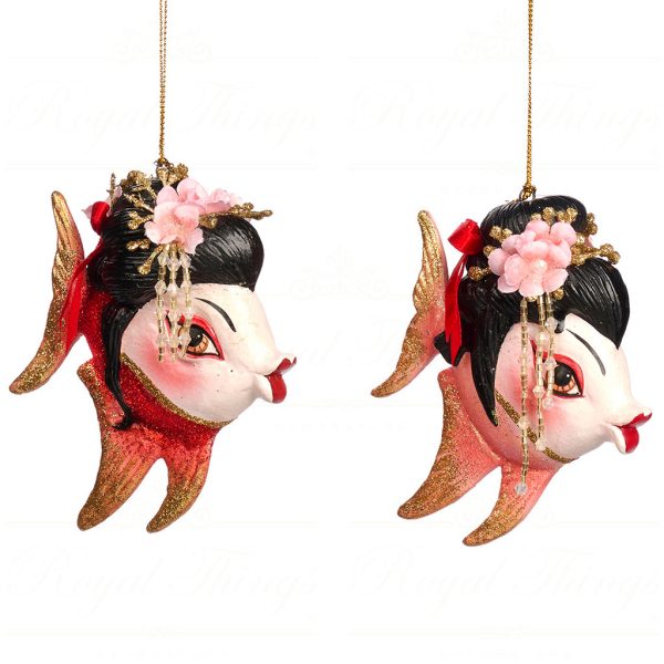 B 86051 Goodwill Christmas Ornaments Pagoda Geisha Angel Fish Ornament Red Black