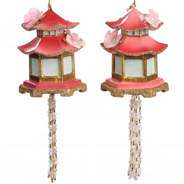 B 86052 Goodwill Christmas Ornaments Pagoda Dangle Temple Ornament Pink Red