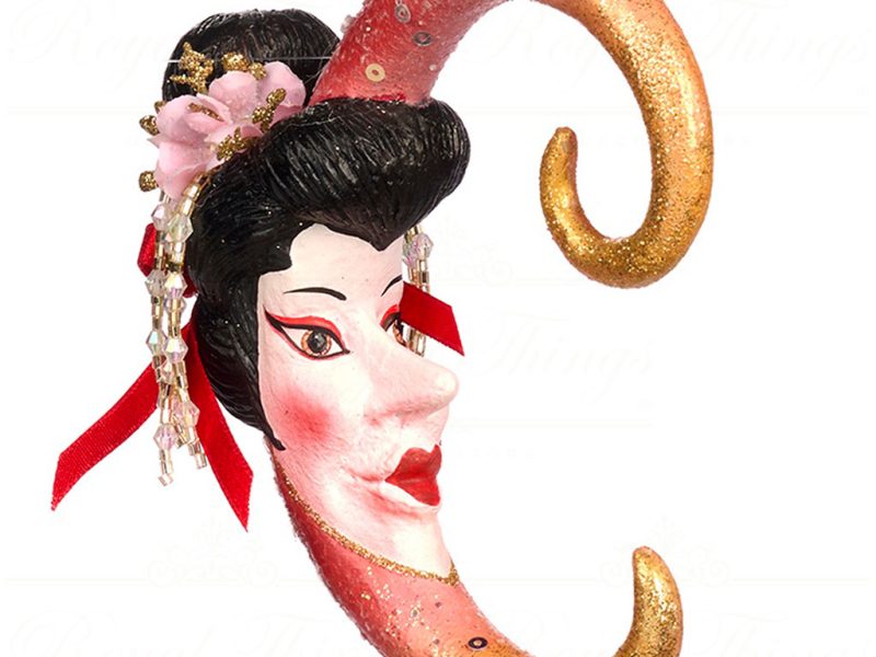 B 86060 Goodwill Christmas Ornaments Pagoda Geisha Moon Ornament Red Black Vari Pink
