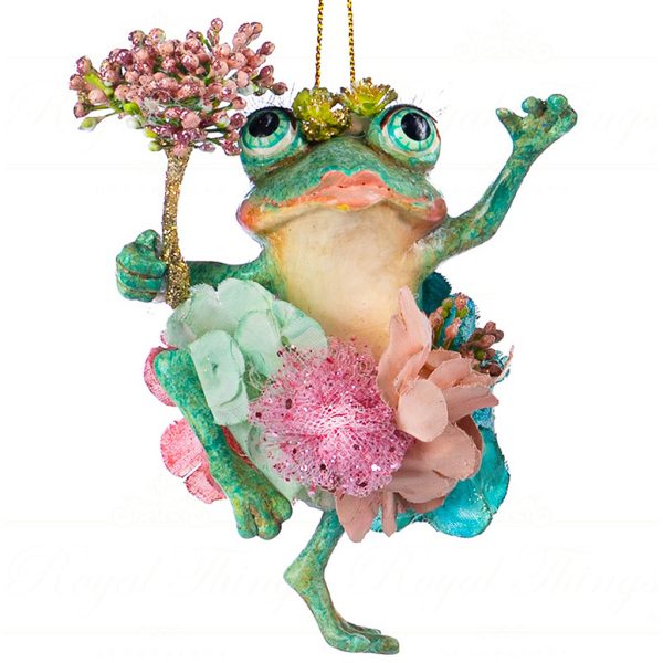 B 86153 Goodwill Christmas Ornaments Lily Pond Dancing Frog Ornament Green Pink Girl