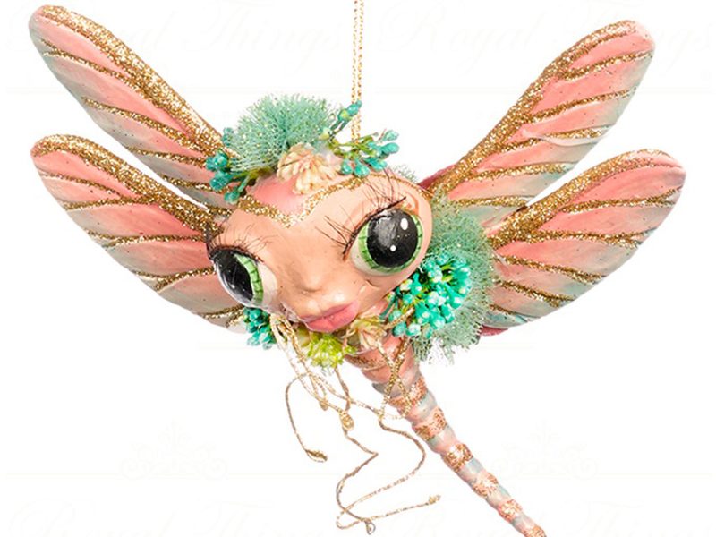 B 86157 Goodwill Christmas Ornaments Lily Pond Dragon Butterfly Ornament Green Pink Dragonfly