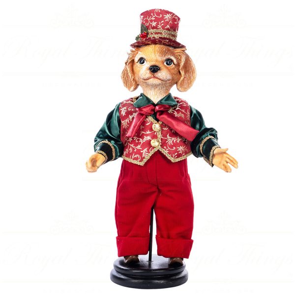 B 86208 Goodwill Christmas Dolls Family Feast Gentleman Dog Doll With Stand & Box Tabletop Burgundy Green