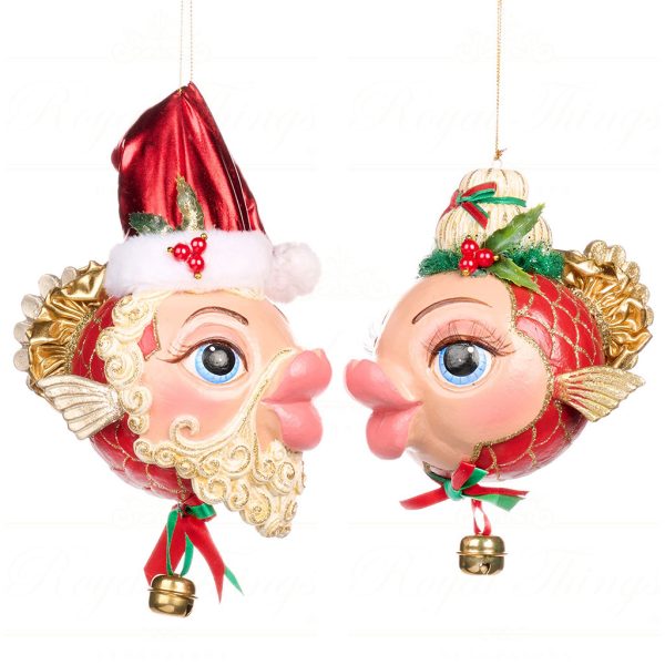 B 86303 Goodwill Christmas Ornaments Santa Baby Mr Mrs Claus Big Puffer Fish Ornament Red