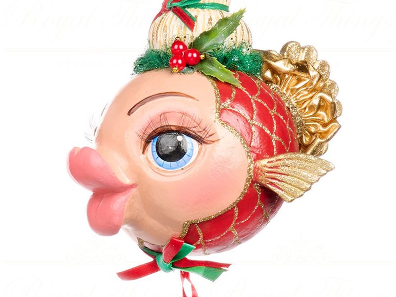 B 86303 Goodwill Christmas Ornaments Santa Baby Mr Mrs Claus Big Puffer Fish Ornament Red Girl