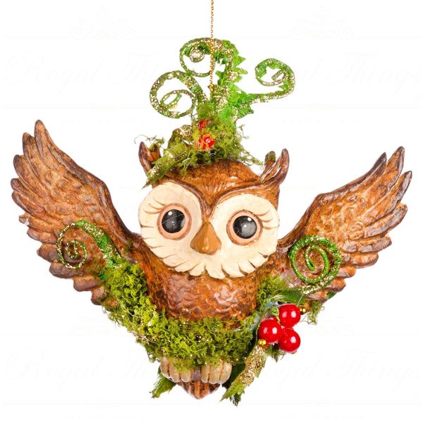 B 86405 Goodwill Christmas Ornaments Enchanted Woods Flying Fern Owl Ornament Brown Green Red