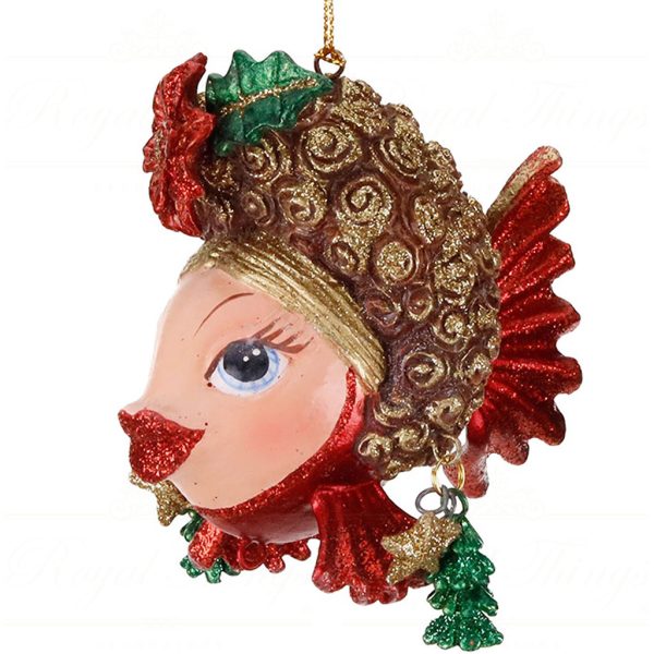 B 87111 Goodwill Christmas Ornaments Xmas Couture Fish Big Hair Ornament Red Gold Vari Red