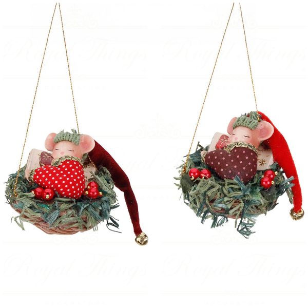 B 87162 Goodwill Christmas Ornaments Woodland Bedtime Mouse In Nest Ornament Red Green