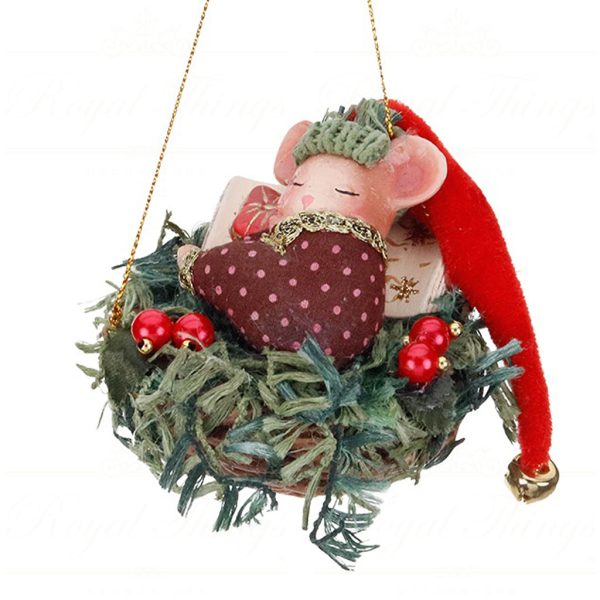 B 87162 Goodwill Christmas Ornaments Woodland Bedtime Mouse In Nest Ornament Red Green Vari Red