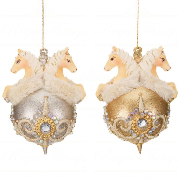 B 87204 Goodwill Christmas Ornaments Regal Winter Horses On Ball Ornament Gold Champagne