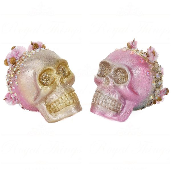 B 87313 Goodwill Christmas Ornaments Treasure Skull Ornament Gold Pink Green