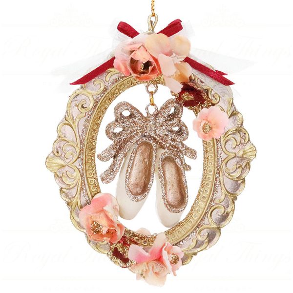 B 87351 Goodwill Christmas Ornaments Ballet Slippers Frame Ornament Gold Pink Vari Cream