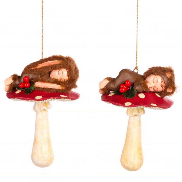 B 88357 Goodwill Christmas Ornaments Sleeping Furry Baby On Mushroom Ornament Red Cream