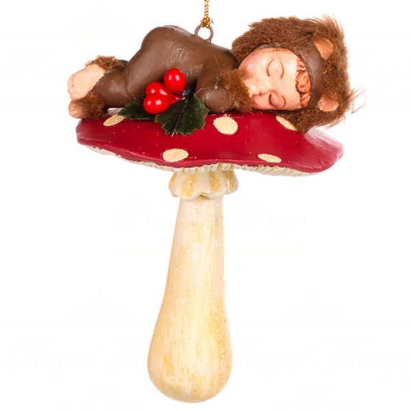 B 88357 Goodwill Christmas Ornaments Sleeping Furry Baby On Mushroom Ornament Red Cream Vari A