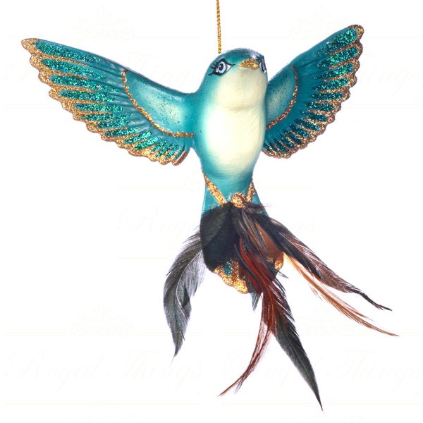 B 89054 Goodwill Christmas Ornament Jungle Hummingbird Blue Gold White Brown
