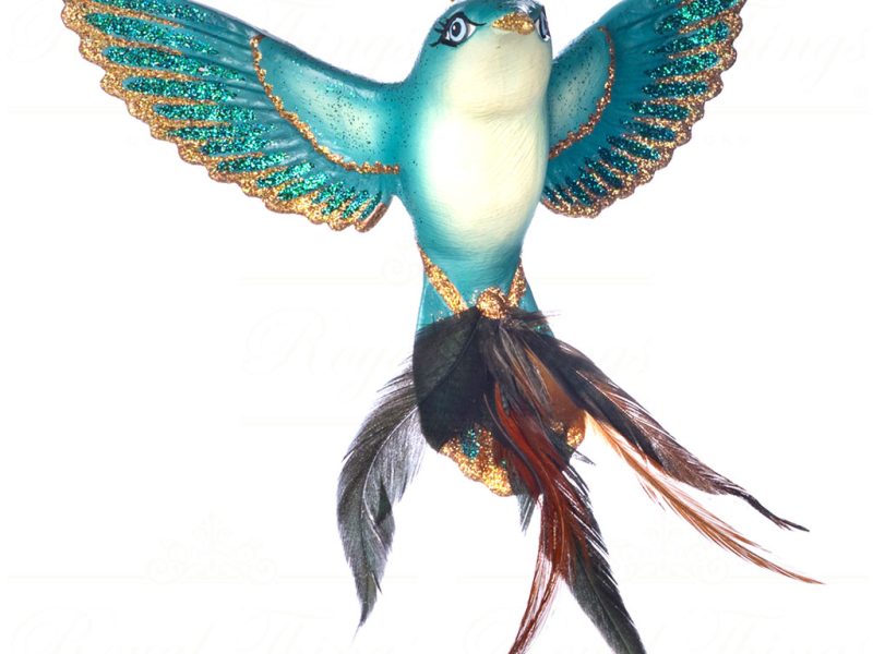 B 89054 Goodwill Christmas Ornament Jungle Hummingbird Blue Gold White Brown