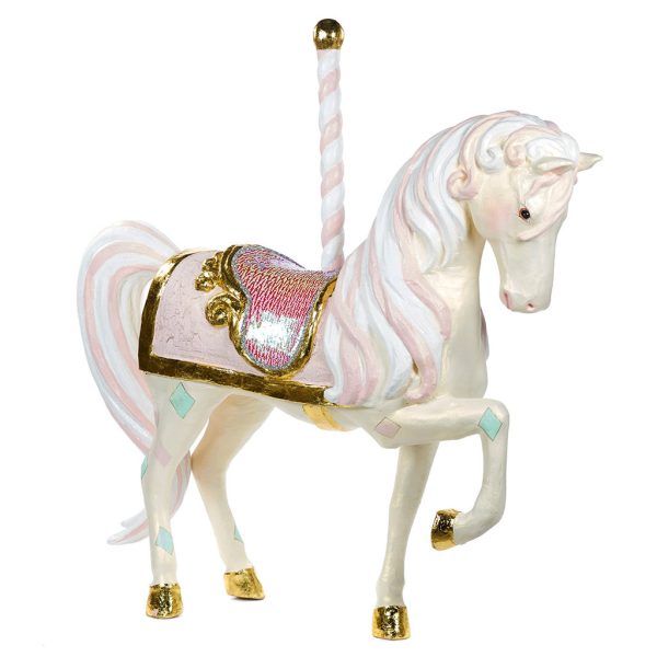 B 93012 Goodwill Christmas Decorative Items Paper Mache Candy Carousel Horse Display White Pink Gold