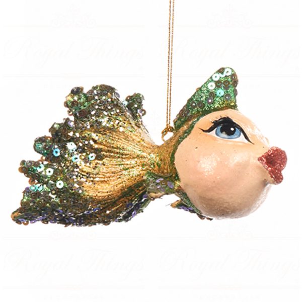 B 98200 Goodwill Christmas Ornaments Glamour Diva Goldfish Ornament Green Gold Blue Detail1