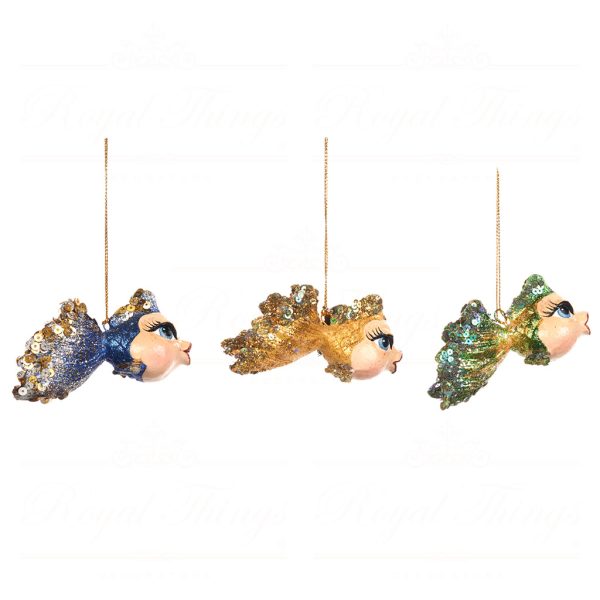 B 98201 Goodwill Christmas Ornaments Glamour Diva Baby Goldfish Ornament Green Gold Blue