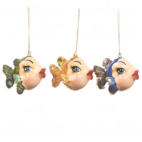 B 98211 Goodwill Christmas Ornaments Glamour Diva Fish Ornament Green Gold Blue