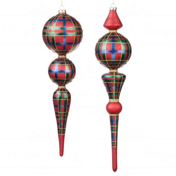 Bg 50075 Goodwill Glass Christmas Balls Antique Tartan Finial Red Green