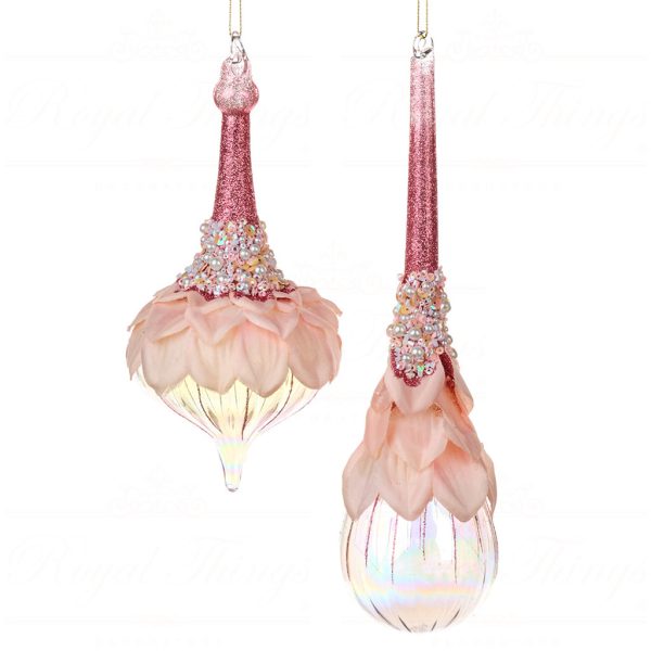 Bg 50087 Goodwill Glass Christmas Ornaments Glass Fabric Petal Pearl Drop Ornament Clear Pink