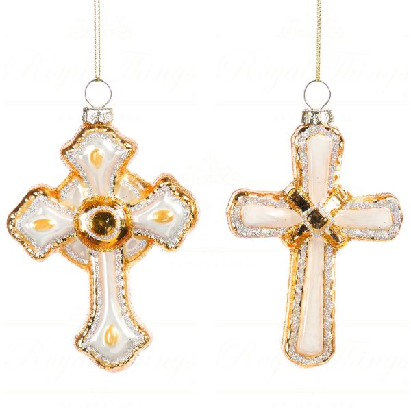 Bg 50100 Goodwill Glass Christmas Ornaments Glass Cross Ornament Cream Gold