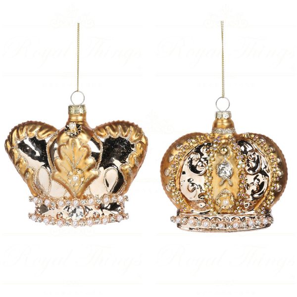 Bg 50117 Goodwill Glass Christmas Ornaments Glass Jewel Pearl Crown Ornament Gold Cream