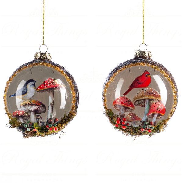 Bg 50192 Goodwill Christmas Balls Glass Bird Mushroom Scene Ball Red Brown Green