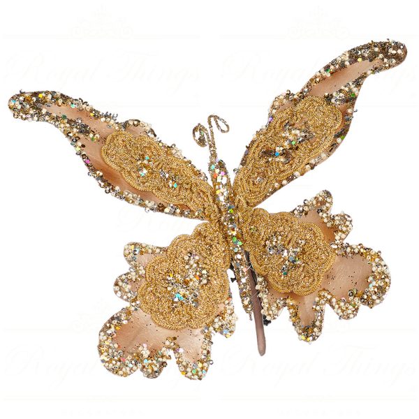 Br 37130 Goodwill Christmas Ornaments Pap Trim Metallic Butterfly On Clip Gold Cream