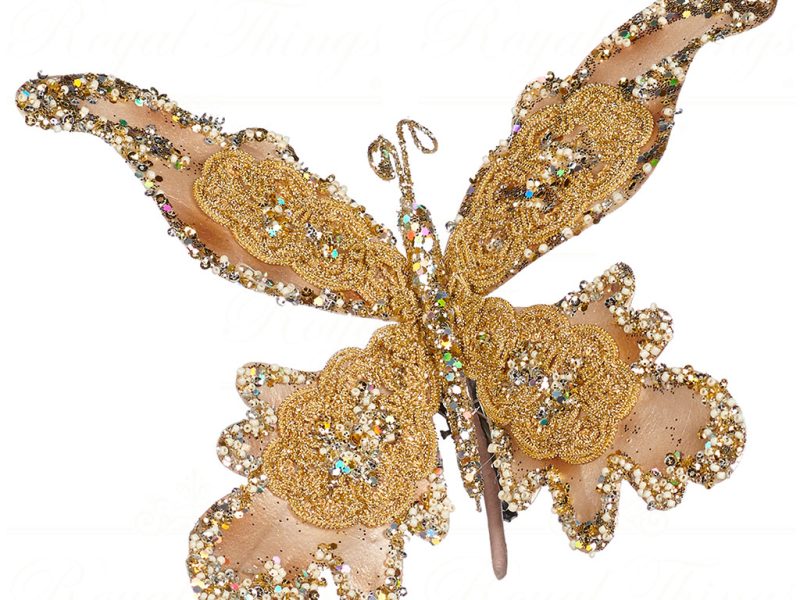 Br 37130 Goodwill Christmas Ornaments Pap Trim Metallic Butterfly On Clip Gold Cream