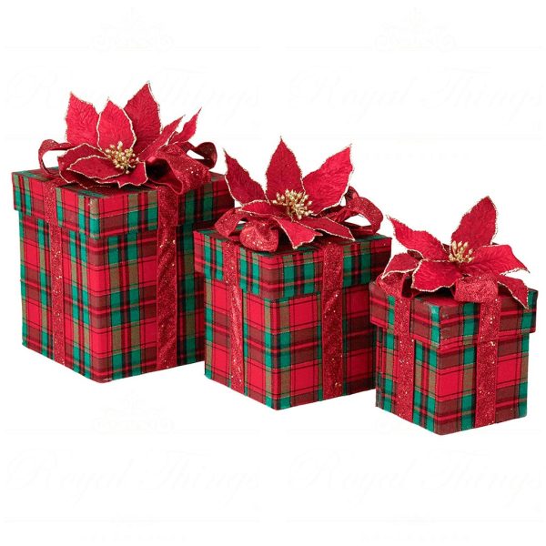 Br 41006 Goodwill Christmas Decorative Items Fabric Tartan Poinsettia Gift Box Tabletop Red Green