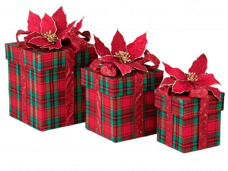 Br 41006 Goodwill Christmas Decorative Items Fabric Tartan Poinsettia Gift Box Tabletop Red Green