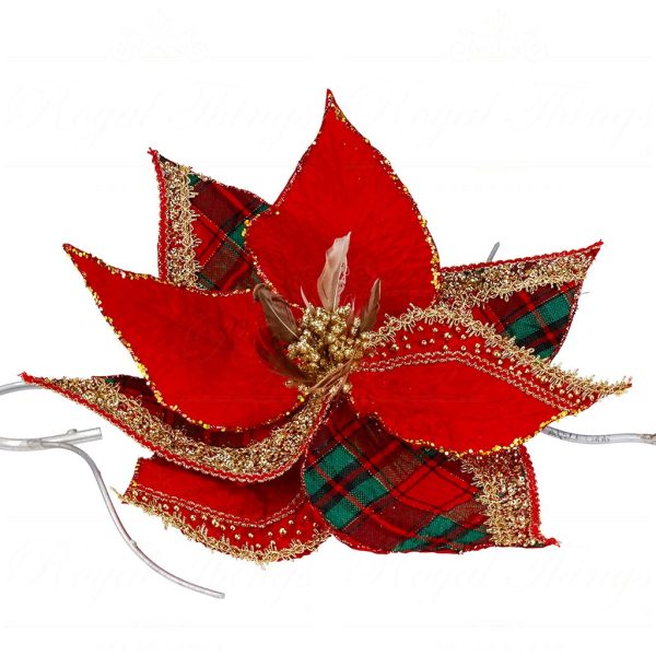 Br 41007 Goodwill Christmas Decorative Items Fabric Tartan Poinsettia On Clip Red Green Gold