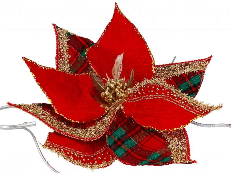 Br 41007 Goodwill Christmas Decorative Items Fabric Tartan Poinsettia On Clip Red Green Gold