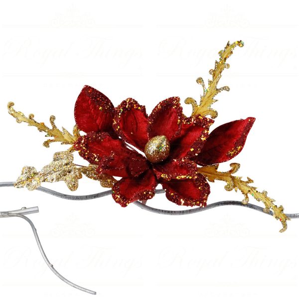 Br 41039 Goodwill Christmas Decorative Items Fabric Magnolia Leaves On Clip Burgundy Gold