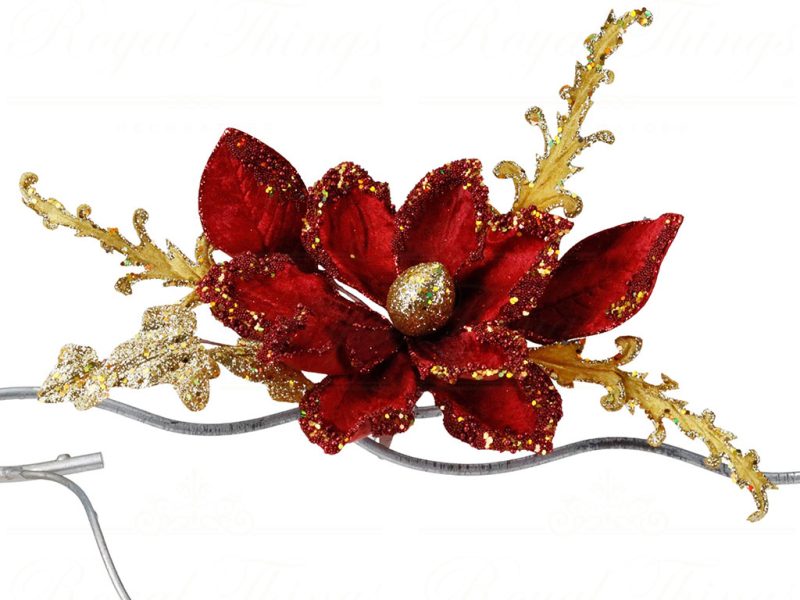 Br 41039 Goodwill Christmas Decorative Items Fabric Magnolia Leaves On Clip Burgundy Gold