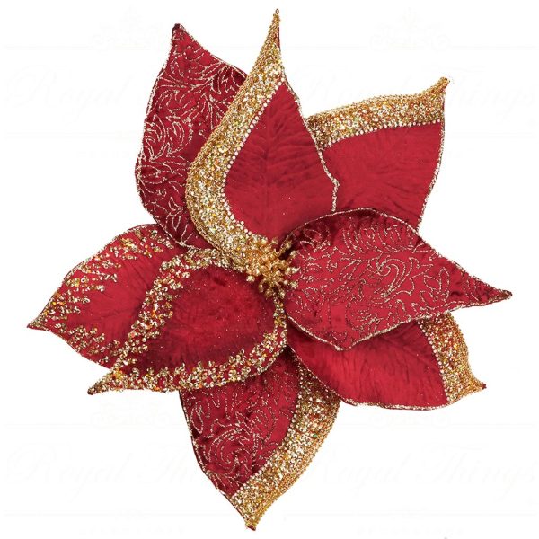 Br 41141 Goodwill Christmas Flowers Brocade Poinsettia On Clip Red Burgundy Gold