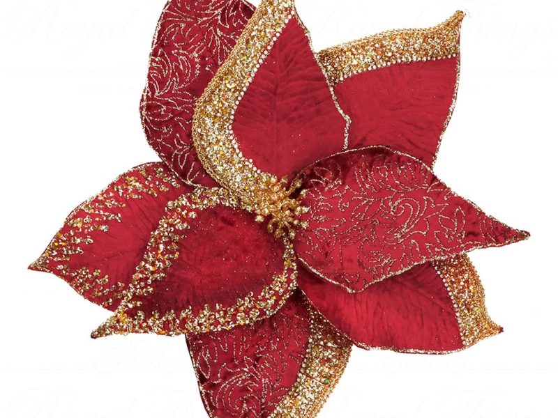 Br 41141 Goodwill Christmas Flowers Brocade Poinsettia On Clip Red Burgundy Gold